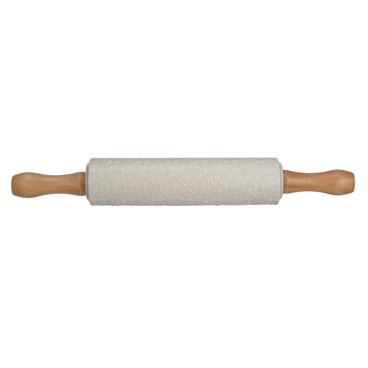Hello Honey® Embossed Cream Stoneware Rolling Pin with Wood Handles